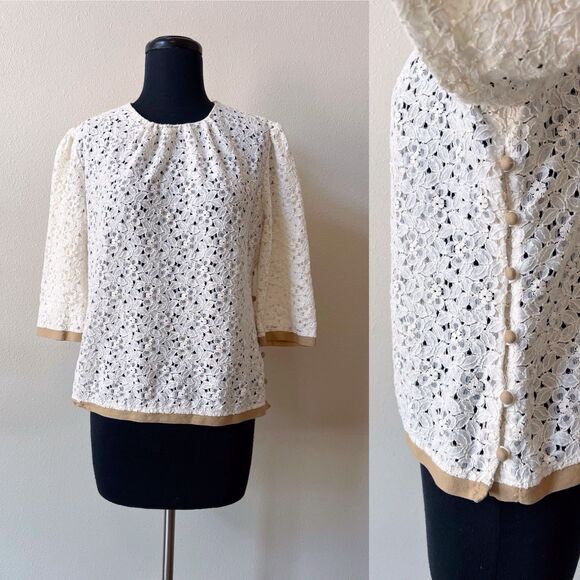 Milly White Floral Lace Top Size 12 Side Buttoned 3/4 Sleeves Cotton Blend - Picture 1 of 7